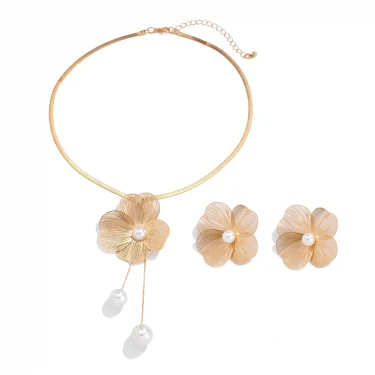 Ingemark Romantic Flower Petal Imitation Pearl Pendant Choker Necklace Stud Earrings Women Trendy Kpop Snake Chain Jewelry Set 5