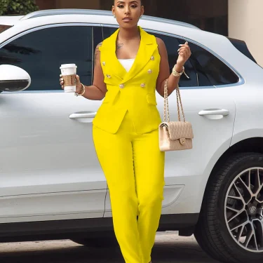 2022 Women Summer Sleeveless Notch Neck Blazers Long Pants Suit Two Piece Set Vintage Office Lady Tracksuit Outfit Overall 6