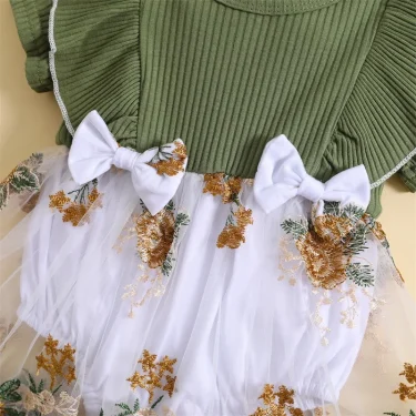 Infant Newborn Baby Girl Romper Dress Flower Embroidery Knit Rib Ruffles Crew Neck Jumpsuit Summer Bodysuit Bow Headband 5