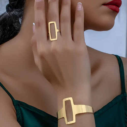 2Pcs/Set Trendy And Minimalist Geometric Square Jewelry Hollowed Out Ring And Bracelet Set Mother's Day Gift Jewelry Set 1