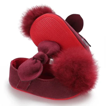 Cute Red 0-18M Newborn Baby Girl Plush Ball Decoration Princess Shoes Children's Crib Sole Anti Slip First Walking Shoes 3