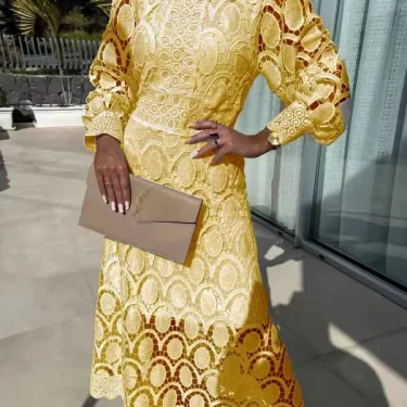 Spring New French Lace Standing Neck Bubble Sleeves Wrapped Waist for Slimming Dress, Elegant European and American Long Dress 5