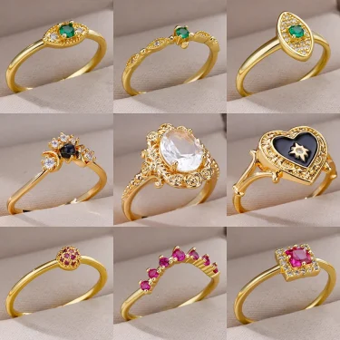 Gold Color Stainless Steel Ring for Women Colorful Cubic Zircon Heart Opening Adjustable Ring Fashion Jewelry Wedding Gift 1