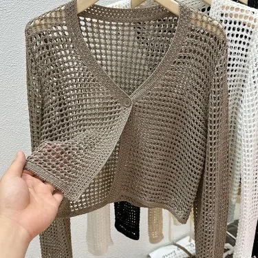 Hollow Mesh Ice Silk Sunscreen Jacket for Women's Summer Long Sleeved Outerwear with Small Shawl Knitted Cardigan 3