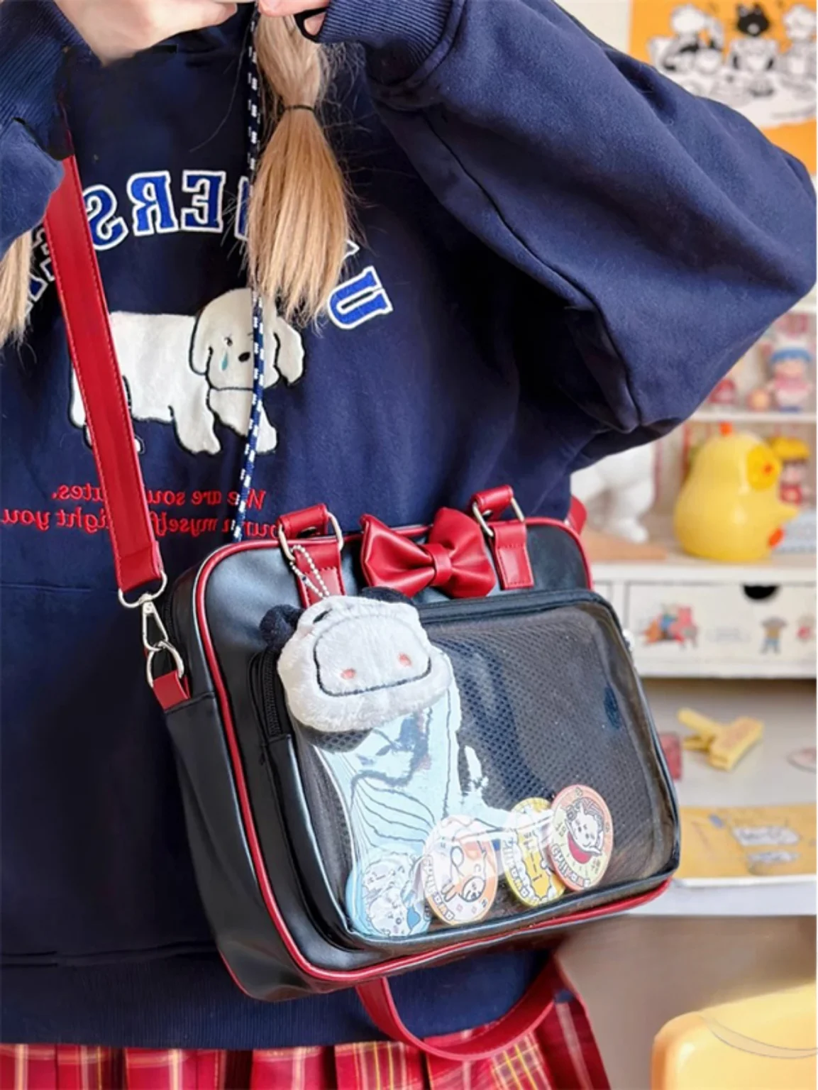 Japanese Style Kawaii PU Leather Itabag Women Transparent Pocket Bowknot Lolita Shoulder Bag Tote Handbags Women Ita Bag JK Girl 3