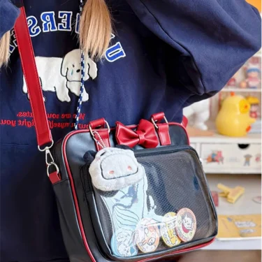 Japanese Style Kawaii PU Leather Itabag Women Transparent Pocket Bowknot Lolita Shoulder Bag Tote Handbags Women Ita Bag JK Girl 3