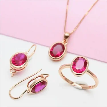 585 Purple Gold Simple Ruby Ladies Jewelry Set 14K Rose Gold Inlaid Oval Ring Earring Necklace Classic Glamour Party Jewelry 2