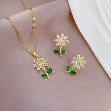 Classic Green Leaf Flower Necklace and Earrings Set Light Luxury Sunflower Personalized Banquet Stainless Steel Jewelry 5