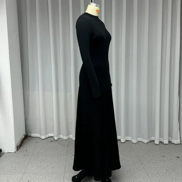 Ellafads Maxi Dress Autumn Women Casual Elegant Solid Long Sleeve Round Neck Nipped Waist Patchwork Evening Party Dresses 5