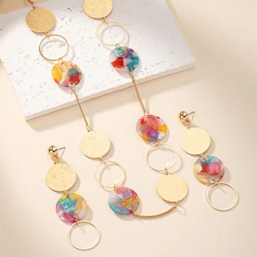 Bohemian Colorful Circular Irregular Alloy Necklace for Women Fashionable Temperament Acrylic Earring Jewelry Set 4