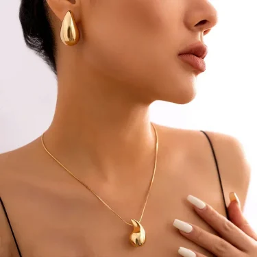 Gold Color Chunky Dome Drop Necklaces For Women Metal Vintage Waterdrop Pendant Earrings Necklace Set Jewelry Birthday Gifts 2