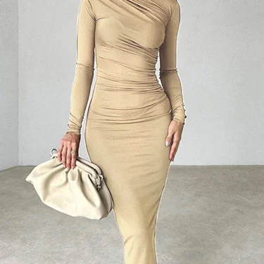 Women Elegant Solid Black Bodycon Maxi Dress Long Sleeve Lady O-neck Evening Party Vestidos Robe 5
