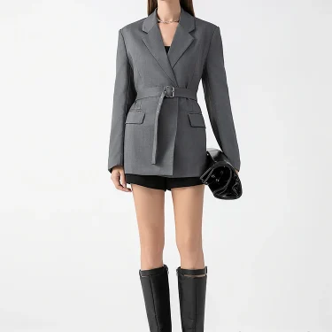 TRAFZA Casual Gray Belt Blazer Women V Neck Long Sleeve Sashes Pockets Oversized Jackets Fashion 2024 Autumn Streetwear Outwears 4