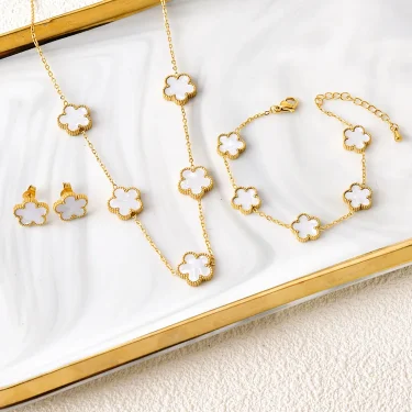Hot Selling Plum Blossom Plant Five Leaf Flower Jewelry Set Bracelet Necklace Earrings Women Stainless Steel High Quality Clover 1