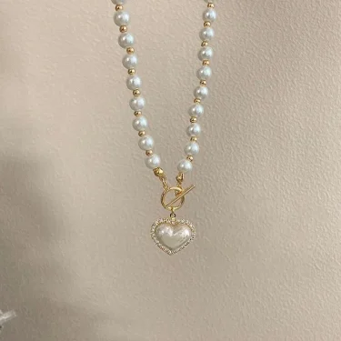Elegant Pearl Necklace For Women Heart Pendant Necklaces Luxury Imitation Pearls Chain Necklaces Korean Jewelry Girls Gifts 6