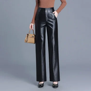 Autumn and Winter New Solid Color High Waist Pu Leather Pants, Fashion Straight Leg Long Pants, Casual Loose Wide Leg Pant Women 3