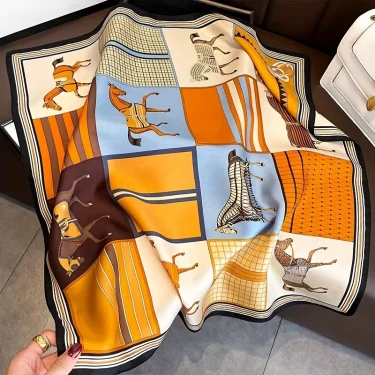 Luxury Print Silk Square Scarf Women Soft Satin Horse Hairband Neckerchief Office Hijab Headband Foulard Bag Ribbons Gift 1