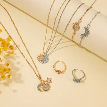 LATS New Adjustable Stackable Sparkling Moon Sun Star Ring for Women Girls Couple Elegant Jewelry Set Wedding Party Gifts 2