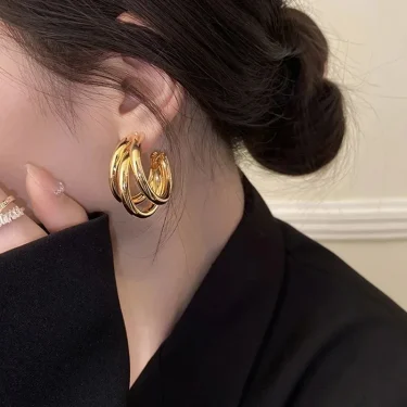 Vintage Gold Silver Color Hoop Earrings For Women Korean Fashion Three-layer Round Circle Geometric Earrings Statement Jewelry 2