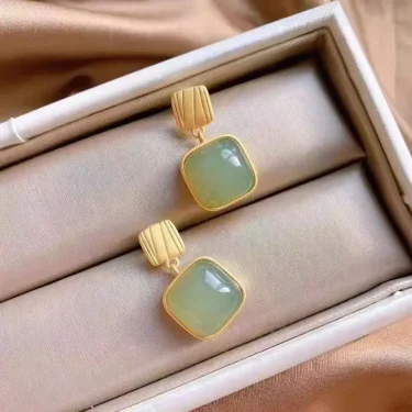 Exaggerated Imitation Jade Green Stone Square Drop Earrings For Women Jewelry Brincos Boho Gift 3