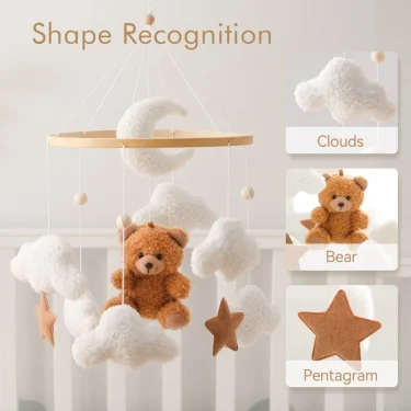 Wooden Crib Mobile Baby Bed Bell Rattle Toy Soft Felt Cartoon Bear Mobile Hanging Newborn Music Box Bed Bell Hanging Bracket Toy 4
