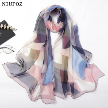 Women Foulard Colorful Geometric Elegant Chiffon Georgette Bandana Scarf Summer Beach Silk Feeling Travel Sun Protection Thin 1