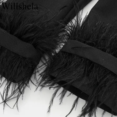 Willshela Women Fashion Satin Black With Feather Blazer Jacket Vintage Notched Neck Single Button Long Sleeves Female Outfits 5