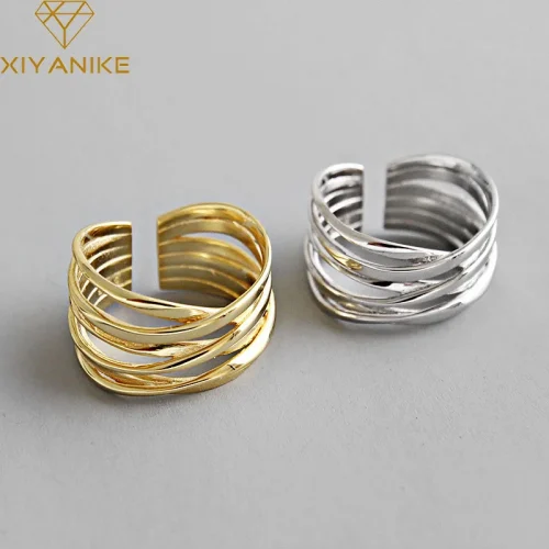 Silver Color Rings Creative Multilayer Winding Line Geometric Handmade for Women Couple Size 17.2mm Adjustable 1