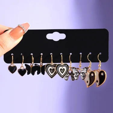 Fashion Black Heart Drop Earrings Set for Women Chessboard Ladies Love Tai Chi Temperament Earring 2023 Trendy Jewelry Gifts 5