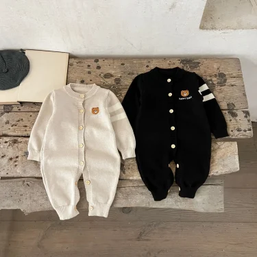 Ins Autumn Newborn Girl Bodysuit Cotton Bear Printed Long Sleeve Baby Girl Jumpsuit Loose Embroidery Toddler Girl Knitted Romper 2