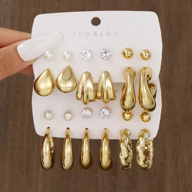 Vintage Classic Gold Plated C Shape Earring Set for Women Geometry Glossy Zircon Pearl Waterdrop Earring Fashion Jewelry Gifts 1
