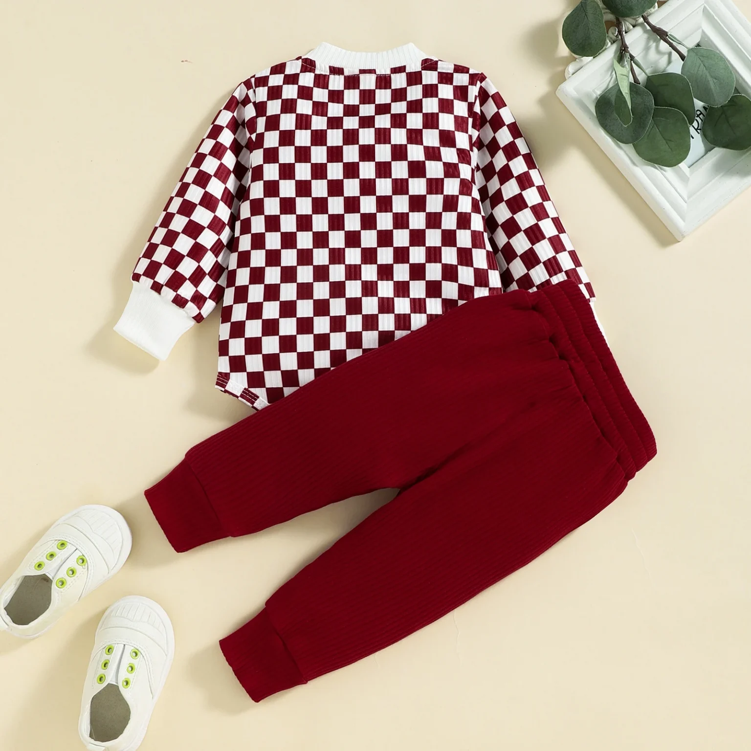 2PCS Autumn Boys And Babies Aged 0-2 Years Old Casual Fashionable Checkerboard Long-Sleeved Top + Solid Color Pants Set 2