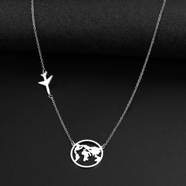 Stainless Steel Necklaces Airplane Globe Map Traveler Pendants Fashion Choker Chains Charms Male Necklace For Women Jewelry Gift 3