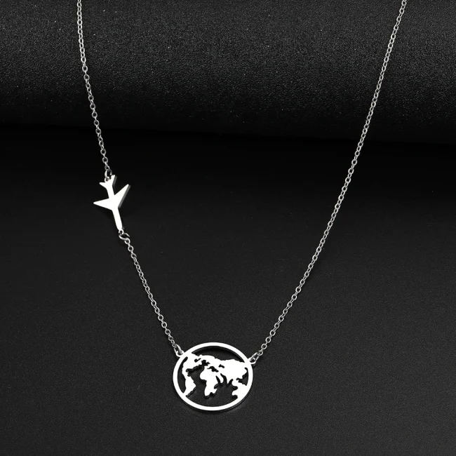Stainless Steel Necklaces Airplane Globe Map Traveler Pendants Fashion Choker Chains Charms Male Necklace For Women Jewelry Gift 3