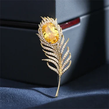 Luxury Crystal Feather Brooch Temperament Green Zircon Brooches Pin For Women Sweater Coat Hat Jewelry Decor Party Accessories 5