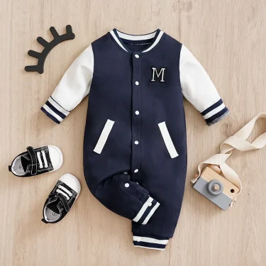BabyBoys AndGirls Newborn Casual Solid Color Contrasting Children's Baseball Suit Cotton Spring And Autumn Long Sleeved Jumpsuit 1