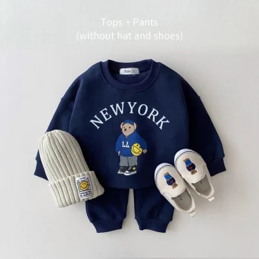 Newborn Spring Autumn 2PCS Baby 0-4Y Cotton Thick Long Sleeves+Pants Bear Boys Girls Printed Clothes Warmth Set Children 3