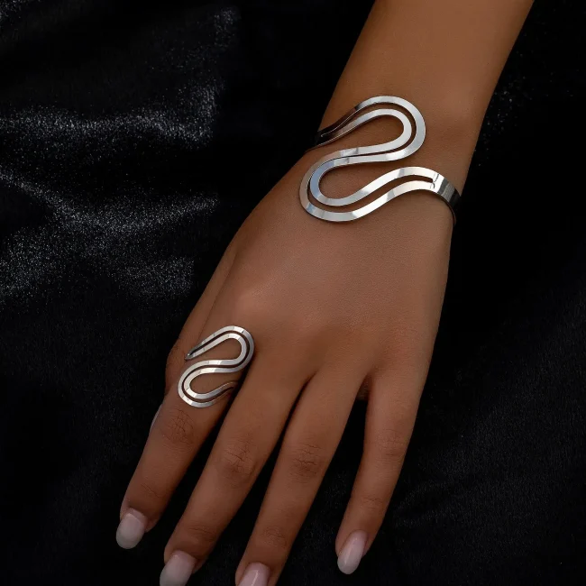 Minimalist 2PCS Gold-plated Snake Shaped Bracelet Bangles for Women Fashion Metal Girls Geometric Ring Jewelry Sets 2