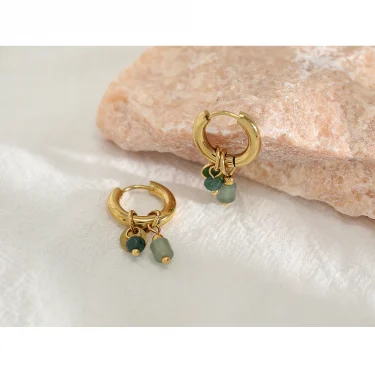 YACHAN 18K Gold Plated Stainless Steel Hoop Earrings for Women Vintage Green Natural Stone Charms Trendy Waterproof Jewelry 5