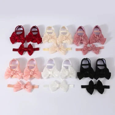 Lovely Baby Girls Shiny Baptism Shoes Headband Newborn Cute Bowknot Mary Jane Flats Set Children First Walker Flat 0-12 Months 2