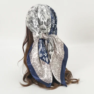 Satin Square Scarf Women Muslim Hijab Elegant 2025 Print Silk Neckerchief Shawl Wraps Headband Handle Hair Accessories Bandana 5