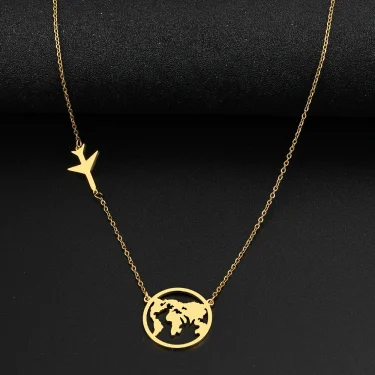 Stainless Steel Necklaces Airplane Globe Map Traveler Pendants Fashion Choker Chains Charms Male Necklace For Women Jewelry Gift 2