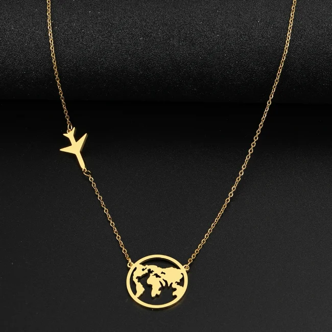 Stainless Steel Necklaces Airplane Globe Map Traveler Pendants Fashion Choker Chains Charms Male Necklace For Women Jewelry Gift 2