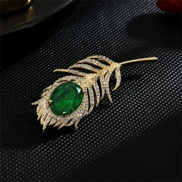 Luxury Crystal Feather Brooch Temperament Green Zircon Brooches Pin For Women Sweater Coat Hat Jewelry Decor Party Accessories 2