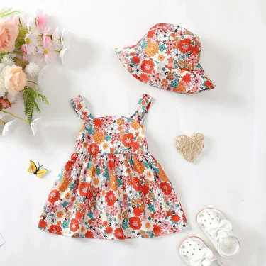 4 Color /2PCS Dress Clothes Set Baby Girl Flower Sleeveless Dress with Bow+Hat Summer Fashion Cute Wear for Toddlers Age 0-3 4