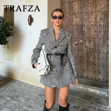 TRAFZA Autumn Winter Office Lady Sashes Blazers Fashion Shrug Loose Elegant Single Breasted Women Streetwear Long Blazers 3
