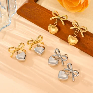CARLIDANA Fashion Trendy Metal Waterproof Bow knot Heart Lover Necklace Earrings Set Stainless Steel Charm Jewelry for Women 3