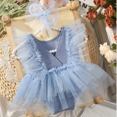 Ylsteed Violet Newborn Outfit for Pictures Knitted Infant Photography Romper with Matching Headbands Mesh Dress Portrait Props 6
