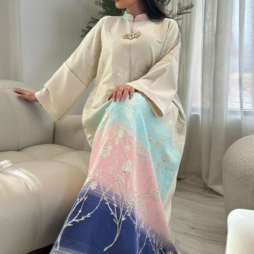 Siskakia Muslim Dubai Fashion Floral Jacquard Gradient Color Elegant Long Dress Moroccan Arab Kaftan Islam Clothing Saudi Abayas 1