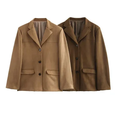TRAFZA Trendy Suede Blazer For Women Autumn Causal Solid Color Single Breasted With Pockets Long Sleeves Lapel Retro Coats 3